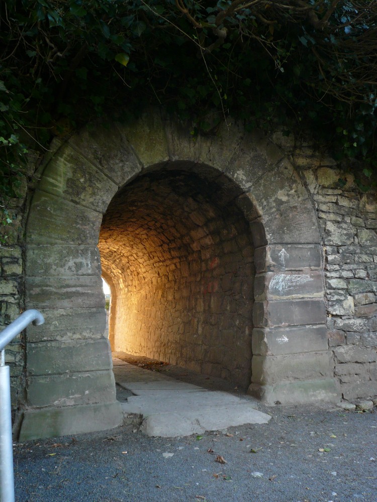 Ein Fußgängertunnel in einer Kalksteinmauer. Der Weg durch den Tunnel ist mit Steinplatten ausgelegt, vor dem Eingang besteht der Bodenbelag aus Basaltsplitt. Von oben hängt ein üppiger Efeubewuchs herunter. Links ahnt man das Ende eines metallenen Geländers. Am anderen Ende des Tunnels ist es hell.
